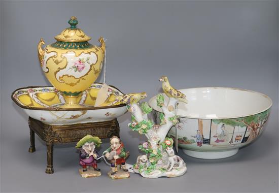 A Royal Crown Derby yellow ground vase and cover and five other items, largest 26cm diameter